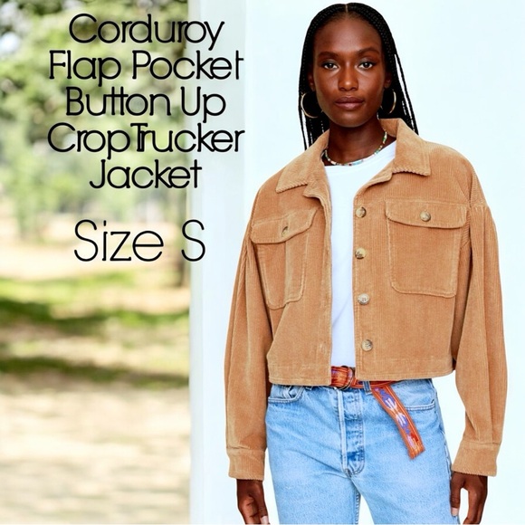 Women’s Button-Front Corduroy Flap Pocket Button-Up Crop Trucker Jacket - Picture 1 of 16